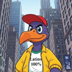 Pippifagel, la mascota de Tropicalmix: un pájaro morado con gorra roja y chaqueta amarilla